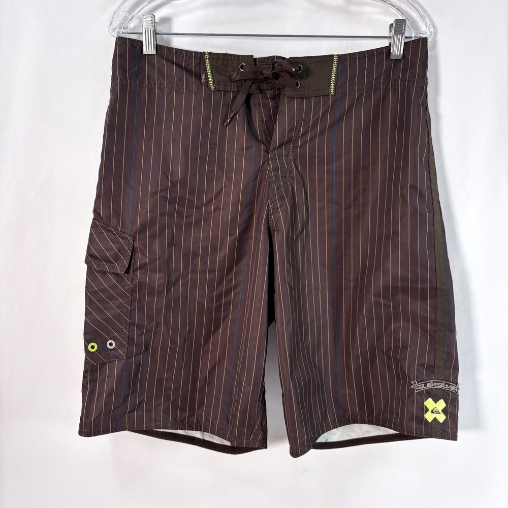 Quiksilver Board Shorts Brown Pinstripe Cargo Pocket Mens Swim Trunks 31